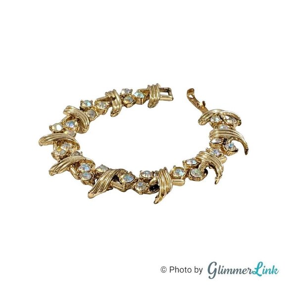 Vintage 1960s Aurora Borealis AB Rhinestone Floral Gold Tone Bracelet - Picture 5 of 10